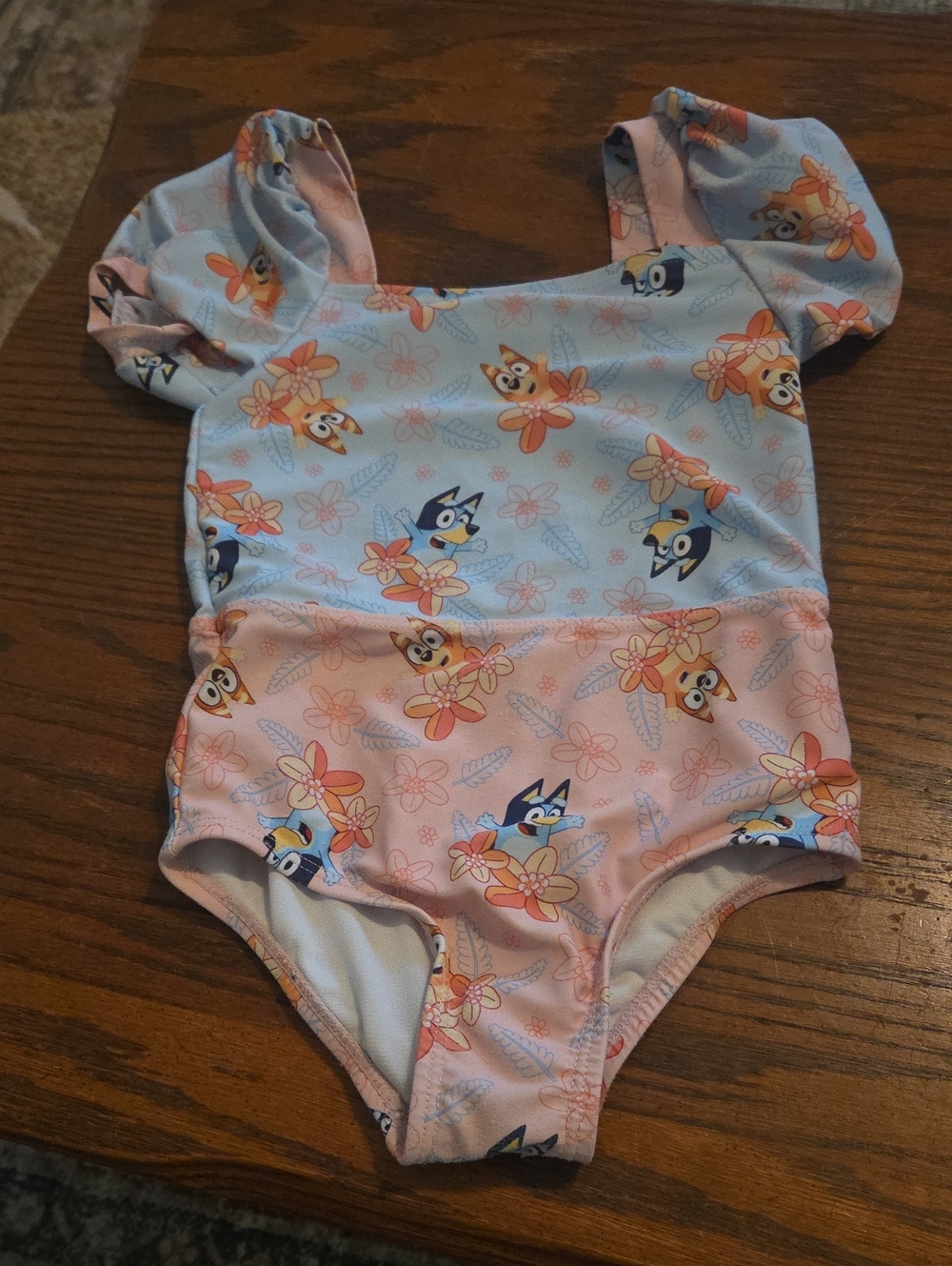 Girls Floral Bluey One-Piece Swimsuit in Light Blue and Pink 3T